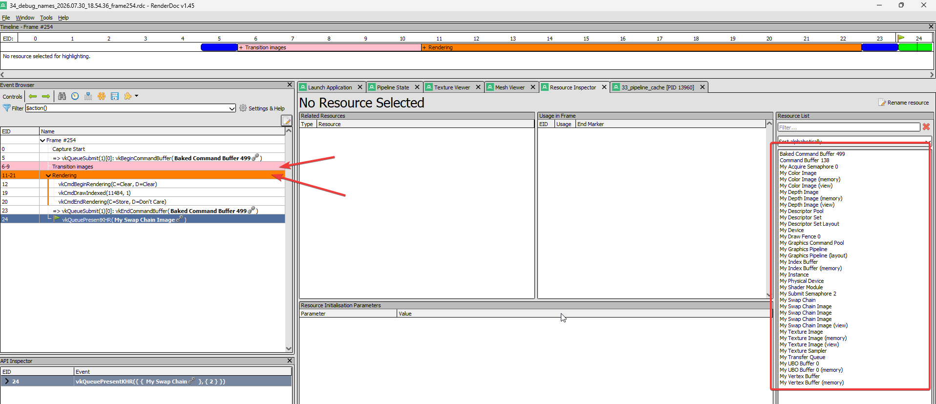 RenderDoc capture showing named objects and labelled command buffer regions