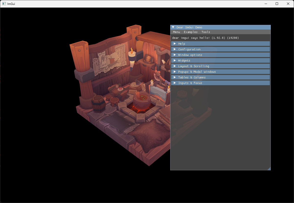 Vulkan window showing the viking room with the ImGui demo window on top
