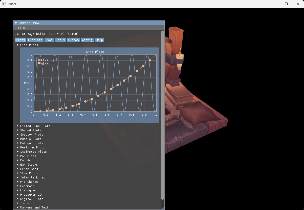 Vulkan window showing the ImPlot demo window on top of the viking room